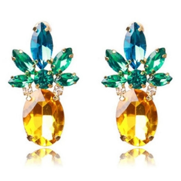 Jeweled pineapple stud earrings 🍍sparkly yellow cubic zirconia Party - Picture 3 of 5